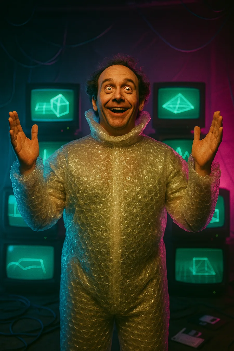 Zoltan in a silver jumpsuit, arms raised before a wall of green CRT monitors